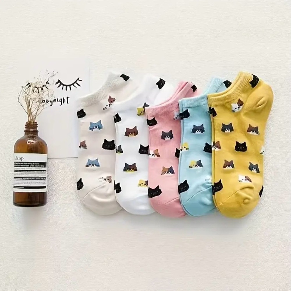 Colorful Cat Print Ankle Socks Set, 5 pair, NEW